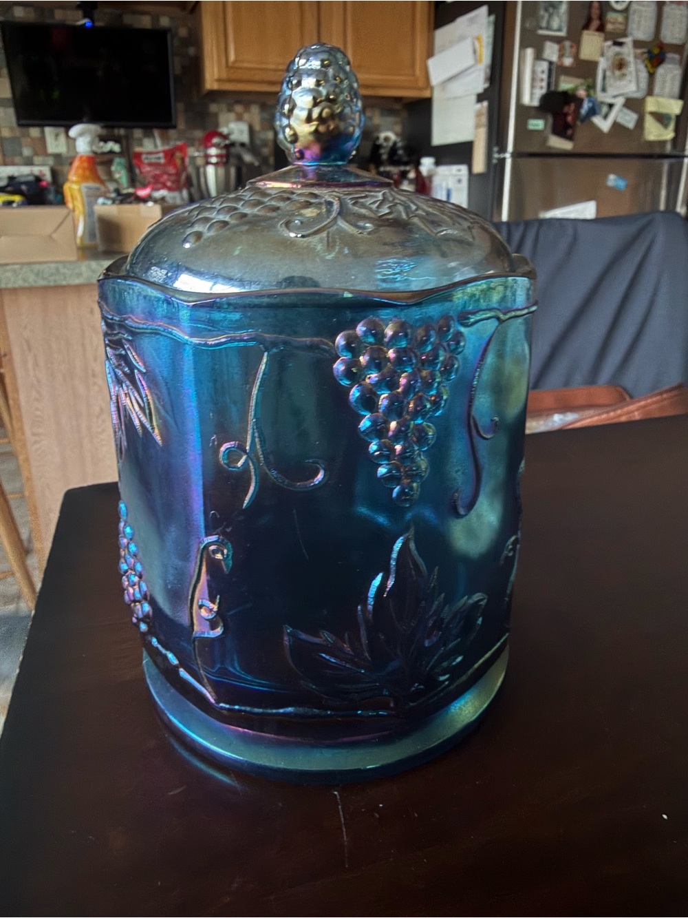 Iridescent Blue Glass Canister with Grape Motif - Decorative Storage